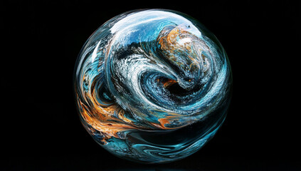 Water planet spinning in a glass sphere on a black background