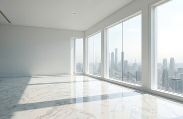 Poster - Modern white room with marble floor. City view through large panoramic windows. Bright sunlight fills interior. Empty space, minimalist design. Perfect for real estate, commercial projects. Interior