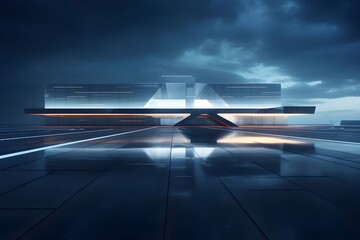 Aufkleber - 未来的な都市景観 青と灰色の色調 夜空の下 光の反射がある現代建築