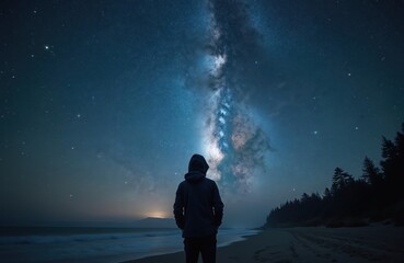 Aufkleber - Man gazes at Milky Way galaxy on night beach. Starry sky over sea. Exploring universe, dreams, cosmic wonders. Adventure, freedom, nature, travel, long exposure astrophotography.