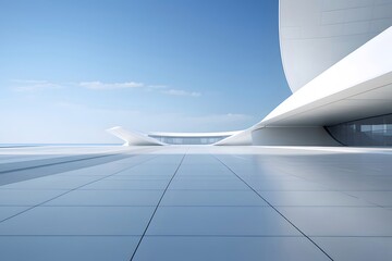 Aufkleber - 白と青のミニマルな建築構造が青空の下にあり、反射する床面と未来的なデザインが特徴的