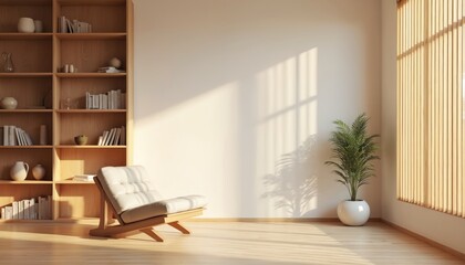 Fototapete - Modern minimalist living room interior design. Wooden bookcase with books armchair, vertical striped window blinds. Empty white wall, wood parquet floor, plant. Cozy home apartment style. Bright