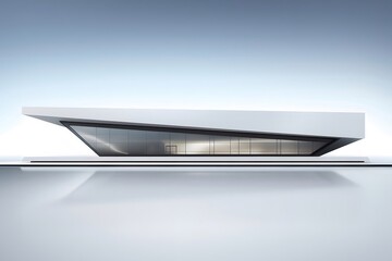 Aufkleber - ミニマリストの白い幾何学的な建築物の外観がモダンなデザインで都市環境に反映されている様子