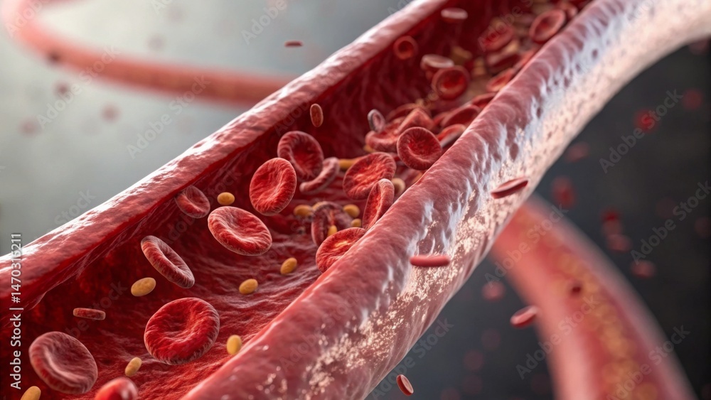 cell, vessel and disease concept. Microscopic view of blood cells in a ...