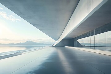 Aufkleber - 湾の景色のコンクリート建築 ミニマルなデザインのモダンな建物 青い空と水面を背景にした幾何学的な構造