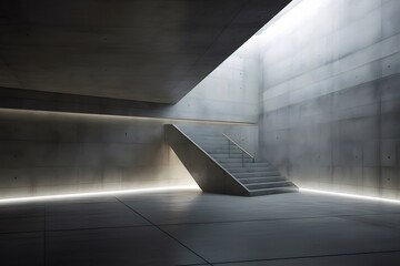Aufkleber - コンクリートの壁と階段のあるミニマルなインテリアデザイン 現代的な建築空間の抽象的な光と影のパターン