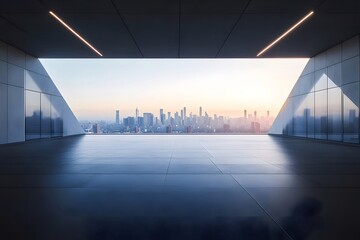 Aufkleber - コンクリートの建物からの日の出の都市景観の眺め モダンな建築と都会のスカイライン 高層ビルと美しい空 ビジネスと旅行のための現代的なデザイン