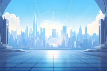 Aufkleber - 青と白の未来的な都市景観 パノラマのスカイラインと抽象的な幾何学的デザインが特徴的な高層ビル群 風光明媚な背景と反射光に満ちた平和なメトロポリス