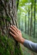 © Imagine Stuff - A hand tenderly touches tree bark in a lush, verdant forest, conveying nature's embrace