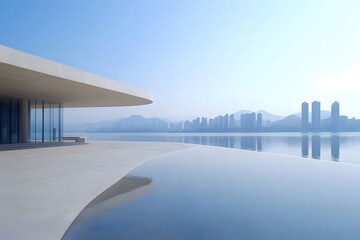 Aufkleber - 青い空の下の白い建築 都市のスカイラインと水面反射のある現代的な風景ミニマリスト デザインの建造物