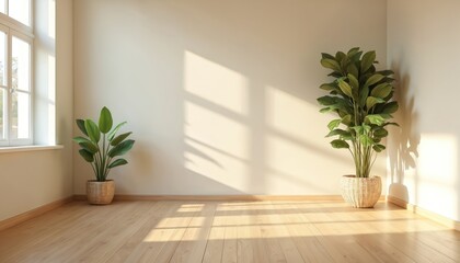 Poster - Minimalist interior of an empty room bathed in sunlight through multiple windows. Natural wood floor and two potted plants enhance the serene atmosphere. Clean lines, bright, calm, modern home decor.