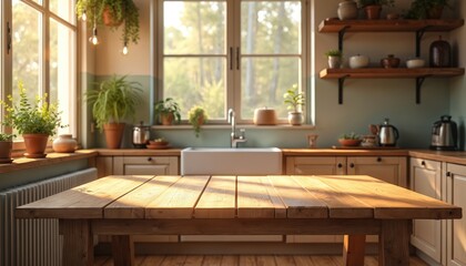 Aufkleber - Charming kitchen interior with rustic oak wooden table in sunlight. Modern bright space. Vintage vibes, empty room, home decor. Product placement, display design, cooking, breakfast, dining. Blurred