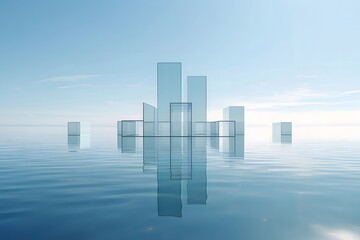 Aufkleber - 晴れた空を背景に青い水に浮かぶ透明なガラスの都市の抽象的な風景ミニマリスト構造