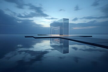 Aufkleber - ミニマルな建築構造物のリフレクションと穏やかな空と海の静かなシーン 静けさとミニマリズムを捉えた海の背景にぼやけた空と水面の反射