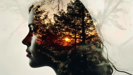 Aufkleber - Captivating portrait showcasing a woman's profile merged with a serene forest landscape at sunset in stunning 4k quality