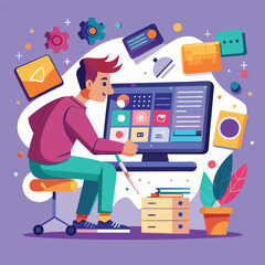 Young Man Working on Computer with Colorful Interface and Surrounding Icons