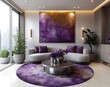 © galendra - Modern living room with a touch of purple elegance.  A large abstract painting, a sectional sofa, and a round coffee table highlight the space. Plants add a touch of nature
