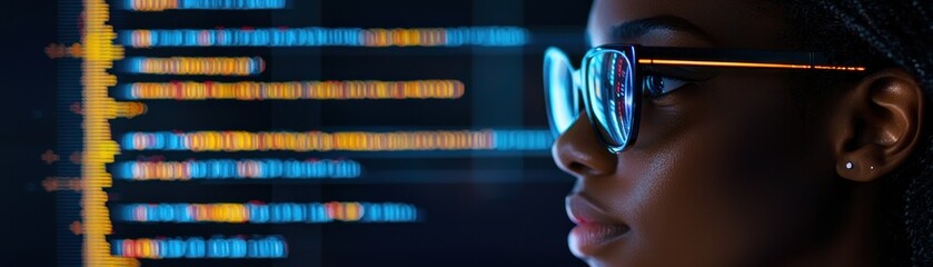 A woman wearing glasses looking at a computer screen