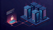 © Showrab - Futuristic isometric data center with glowing servers and cybersecurity lock icon in dark mode vector style