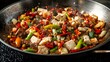 © Nasr - Spicy dry pot stir fry known Ma La Xiang Guo mixed vegetables tofu beef chilies served metal wok black textured table showcasing bold Sichuan flavors China cut out on isolated transparent background
