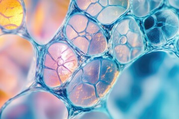 Wall Mural - microscopic image showcasing interconnected cells, resembling a network with vibrant, pastel hues.