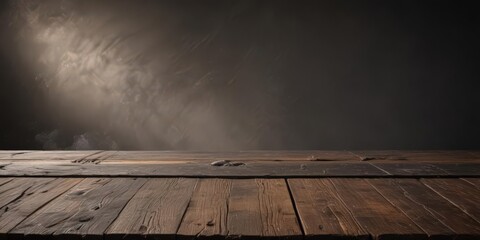 Wall Mural - Smoky haze rises above a weathered wooden tabletop, dark background,  shadow,  plank,  atmospheric