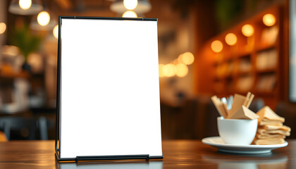 stand display mockup menu frame tent card blurred background design key visual layout in cafe space 