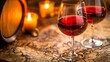 © loxia stock image - Red wine glasses on ancient map, by wooden barrel and candles