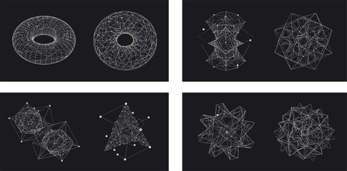 Vector graphic assets kit acid style, Postmodern abstract geometric shapes with wireframe elements of different forms, Y2K trendy design in brutalism