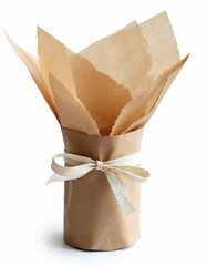 Aufkleber - Empty craft paper cornet tied beige canvas ribbon isolated on white. Handmade wrapping, decorative holiday present gift. Eco friendly template background for design concept.