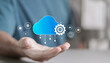 © Pakin - Cloud computing technology concept. Software as a Service, Backup Storage Data Internet, networking and digital. Person holding cloud storage network icon on virtual screen.