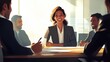 © Johannes - Smiling female manager talking to businessmen team discussing financial sales research plan at boardroom meeting table. Multiethnic team working together developing business strategy in modern office