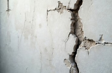 Poster - Close-up of old wall with cracked texture. Cement mortar, fractured surface, rift, flaw. Grunge, white color. Aged, abstract pattern, gray, cement, stucco, damaged, weathered background. Perfect
