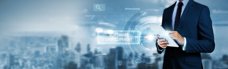 Wall Mural - software development, businessman using tablet analyzing application performance data and integrated