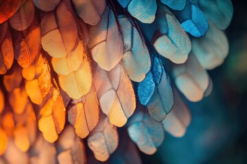 Wall Mural - close-up of vibrant, multicolored, overlapping scales or petals, creating a textured, abstract patte