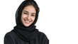 © KASUEMA SALAE - A young Arab woman in a black dress, smiling brightly, isolated on a clean white background