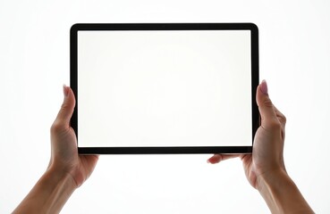 Aufkleber - Female hands holding tablet device with blank white screen. Isolated on white background. Modern mobile tech, gadget mockup. Perfect for app presentation, business advertisement, web design.