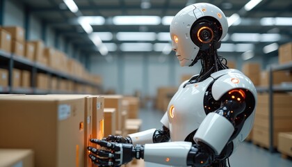 Poster - Robot works in automated warehouse with advanced AI tech. Sorting packages, handling them. Futuristic warehouse, innovation tech, cybernetic automation, logistics. Modern industry.