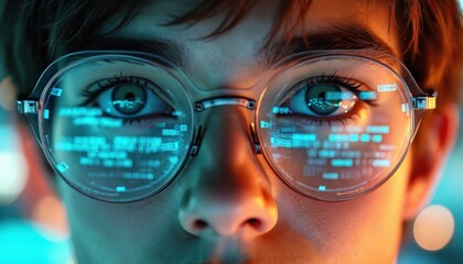 Poster - Close-up portrait tech innovator wearing glasses, digital interface reflects. Cybernetic vision, futuristic look. Human face, blue eyes. Artificial intelligence, data streams, science fiction