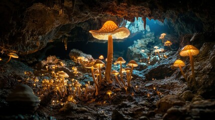 Poster - Illuminated mushroom growth inside a cave nature photography mystical environment close-up perspective