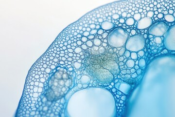 Wall Mural - microscopic view of interconnected bubbles, resembling a delicate, blue, cellular structure.
