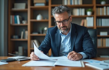 Poster - Mature businessman reviews financial reports. Office workplace with documents, shelves in background. Experienced analyst, focused, concentrated on paperwork. Analyzing business strategy. Middle aged