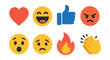 © Александр Михайлюк - Flat vector icons of social media reactions: heart icon, laugh emoji, thumbs up, angry face, surprised emoji, sad reaction, fire symbol, clapping hands.