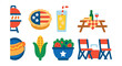© Tanya - Flat vector icons of Memorial Day food and gathering: barbecue grill, American pie, lemonade glass with flag straw, picnic table setup, hotdog with star plate, corn on the cob, salad in stars bowl,