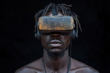 Poster - Young man explores virtual reality technology while wearing VR headset and showcasing modern and innovative culture in a dark setting