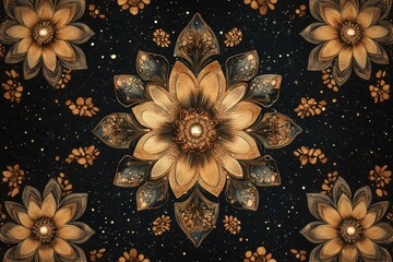 Poster - Detailed floral design featuring large golden blooms and intricate leaves on a dark background showcasing nature's beauty in an artistic way