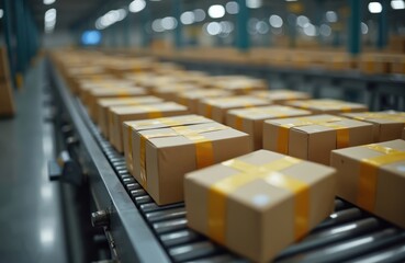 Poster - Modern warehouse conveyor belt transports packaged parcels. Boxes ready for shipping distribution. Cardboard boxes sealed with tape move along automated logistic system in factory. Cargo