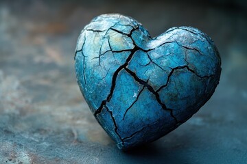 Poster - Cracked heart features a bluish hue placed on a textured surface, symbolizing beauty in imperfection and resilience in love