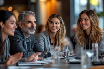 Poster - Business professionals engaged in discussion during a meeting at a modern office setting in the afternoon light