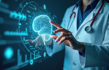 Aufkleber - Doctor interacts with digital brain interface, representing technology medicine convergence. Healthcare professional in white coat touches glowing human brain model. Innovation, research, science,